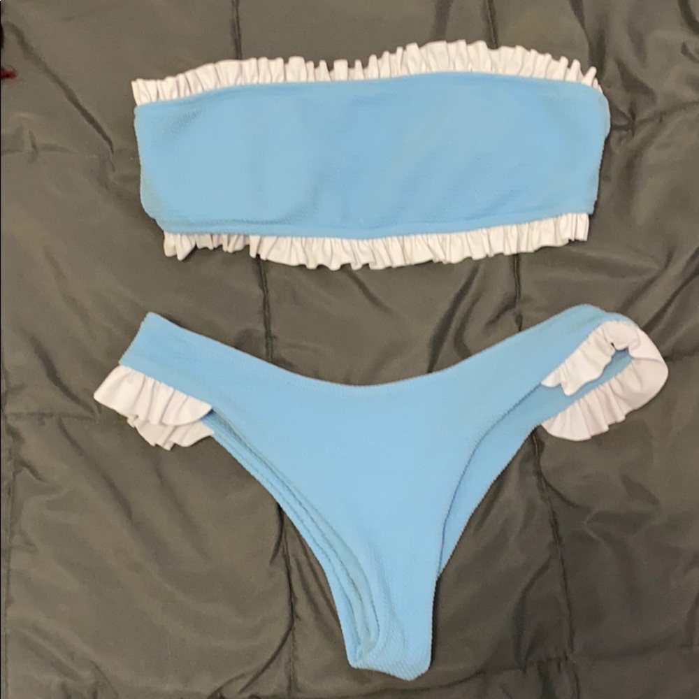 Baby blue strapless bikini with ruffles